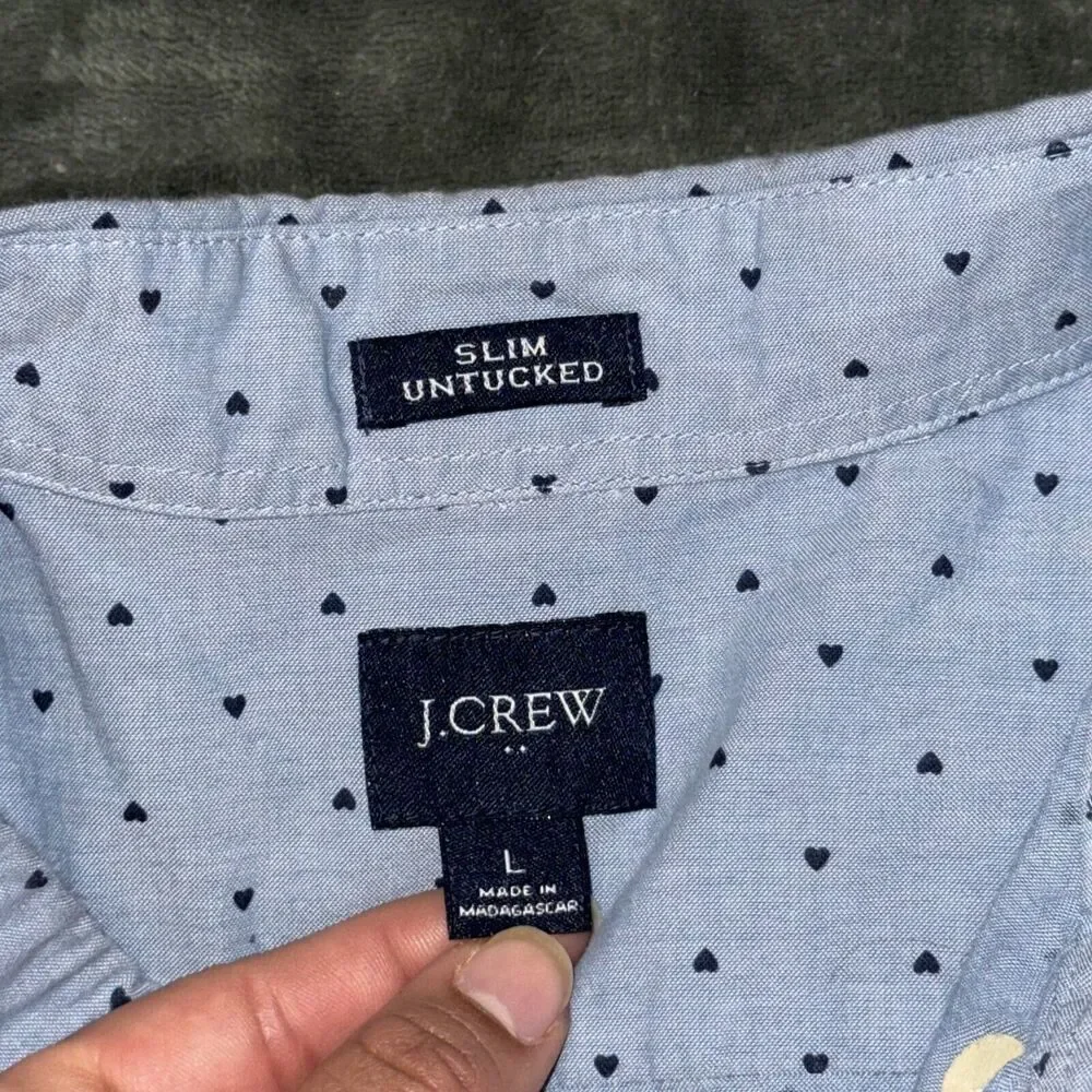 J.Crew Re-Imagined‎ Shirt Men's Large Blue Heart Print Cotton Casual Button-Down